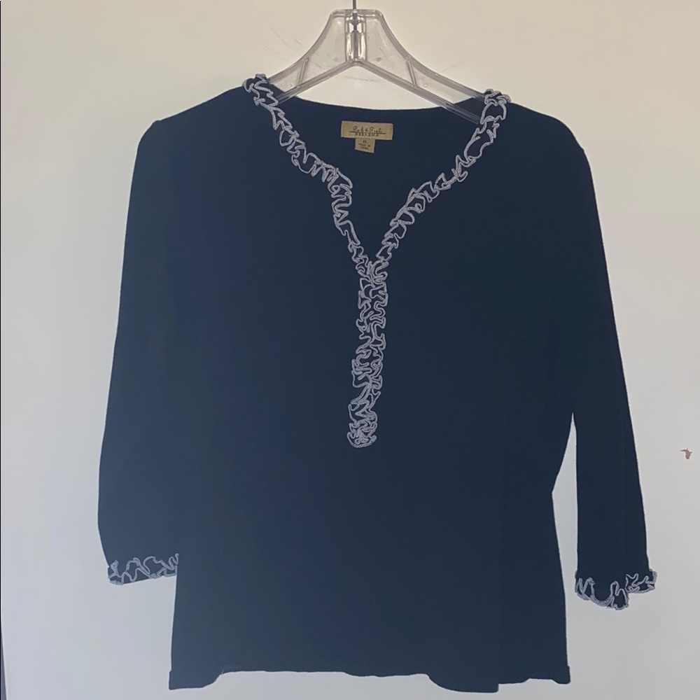 Peck & Peck Blue Ruffled Blouse with White Trim